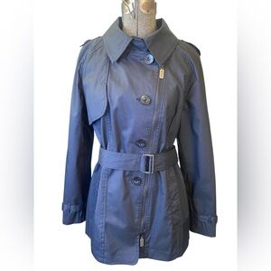 NWOT THREE STONES BLACK MILITARY TRENCH
COAT BELTED ZIP KICK PLEAT ON BACK M